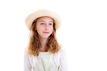 blond girl in white dress and straw hat