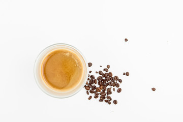 Cold Dried Coffee Beans Next To Hot Coffee Drink Top View