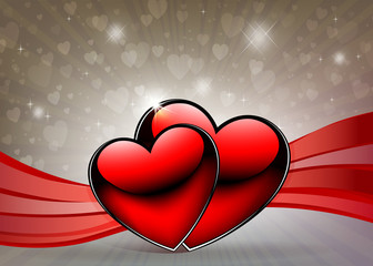 light background with two red hearts and ribbons