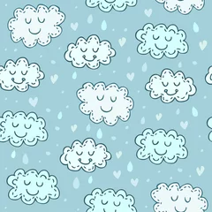 Keuken spatwand met foto Blue seamless pattern with cute clouds. Childrens shiny background. Texture for wallpaper, fills, web page background. © Marina