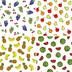 Set of vector simple colorful seamless patterns - different fruits. Can be used for textile, website background, book cover, packaging.