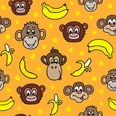 Seamless pattern with cute faces of monkeys and bananas. 2016 year of the monkey