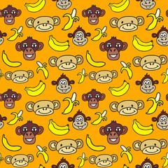 Seamless pattern with cute faces of monkeys and bananas. 2016 year of the monkey