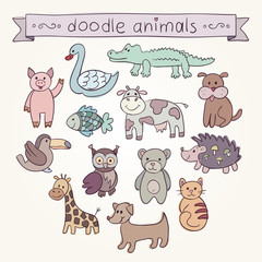 Fototapeta premium Cute Animals Doodle Set. Stock vector template, easy to use.