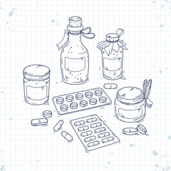 set medical drugs, bottles of medicines and tablets