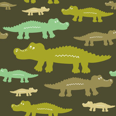 Cartoon cute crocodiles seamless vector pattern. Endless texture for wallpaper, fill,  web page background, surface texture.