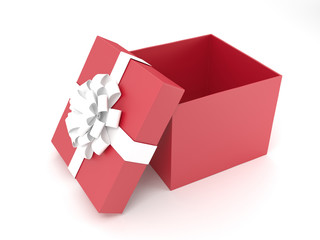3d illustration open red with white ribbon box isolated on white background.
