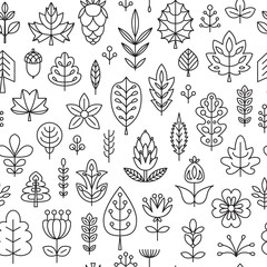 Seamless pattern with Geometrical leaves, trees and flowers. Endless texture for wallpaper, fill,  web page background, surface texture.