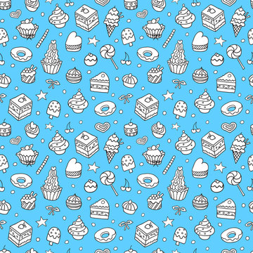 Vector doodle seamless pattern with bake and sweets. Texture for wallpaper, fills, web page background.