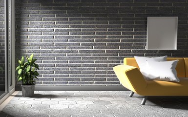 Fototapeta na wymiar Black brick wall with concrete floor has sofa and plants. 3D rendering