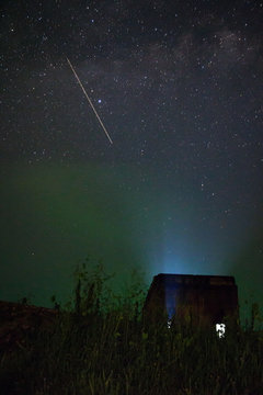 Ancient temple; Wat Saam Prasob or Sunken Temple (Underwater Temple)  with milky way galaxy with stars and space dust in the universe Sangkhlaburi, Kanchanaburi, Thailand. (high ISO and long exposure)