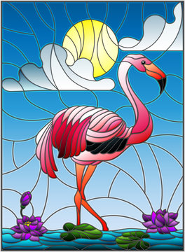 Illustration in stained glass style with Flamingo , Lotus flowers and reeds on a pond in the sun, sky and clouds