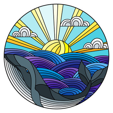 Illustration in stained glass style whale into the waves, Sunny sky and clouds, round image