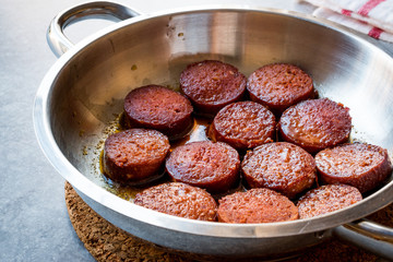 Turkish Sausage Sucuk in Frying Pan for Breakfast.