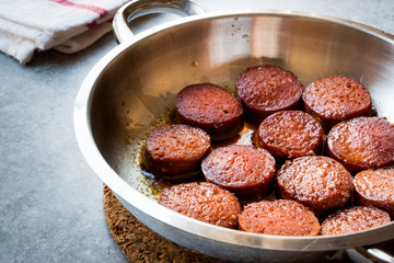 Turkish Sausage Sucuk in Frying Pan for Breakfast.