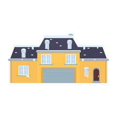 Facade of yellow house with garage