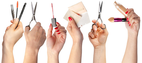 many hands with make up items