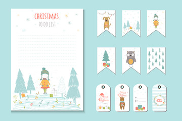 Christmas holiday to do lists, planner, cute notes with winter vector illustrations.