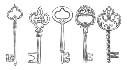 Big set of retro keys, vintage style. Key collection illustration for antiques decoration.  Ornamental medieval collection. Hand drawn old realistic design Vector.