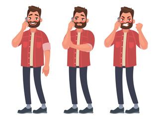 Fototapeta premium Man is talking on the phone with different emotions. Cheerful, thoughtful, angry. Vector illustration
