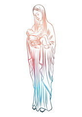 Mother Mary with Jesus Christ baby in her hands. Mother of God with a child. The Nativity or the Birth of the Blessed Jesus Christ. Color adult flesh tattoo concept. Vector.