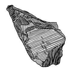 Rock stone. Black and white stone and rock in hand drawn hatching, wood carve style. Big boulder. Vector.