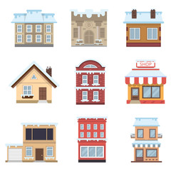 snow-covered house flat icon set