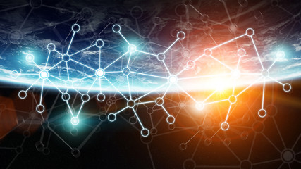 Connections system and datas exchanges on planet Earth 3D rendering