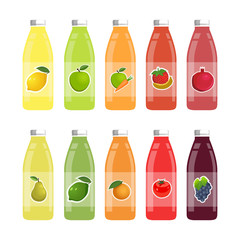 Set of bottles of fruit and vegetable juice on a white background. Vector illustration