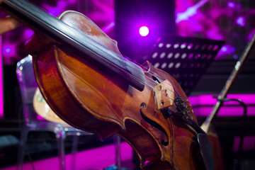 the orchestra in rehearsal violin and magenta light background
