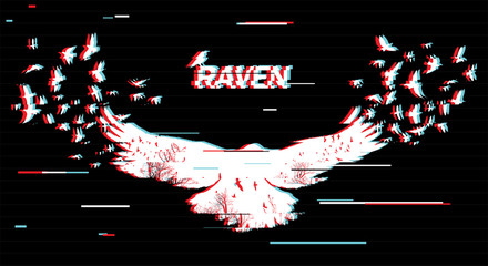 Vector illustration of the white raven silhouette with the fluttering wings on a black background Double exposure with glitch effect.