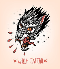 Head of Tearing Wolf in the style of Traditional tattoo. Old school.