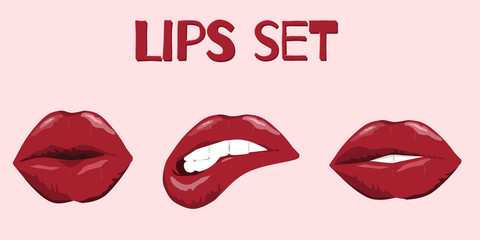 Woman's lip vector set.  Mouth with teeth, smile, tongue isolated.
