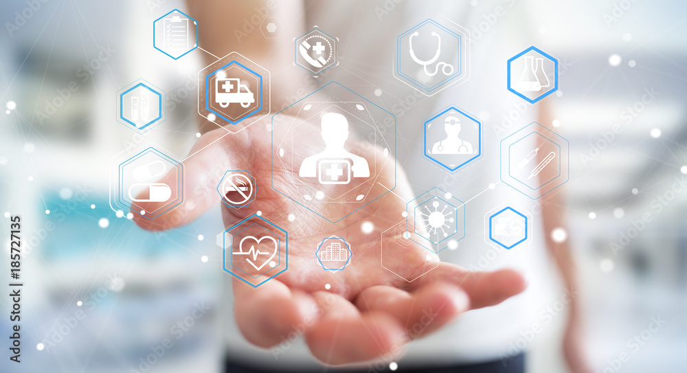 Poster businessman using modern medical interface 3d rendering