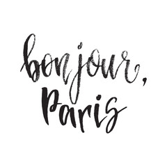 Inspirational quote bonjour Paris. Hand lettering design element. Ink brush calligraphy. © suvoroff_maxim