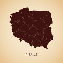 Fototapeta premium Poland region map: retro style brown outline on old paper background. Detailed map of Poland regions. Vector illustration.