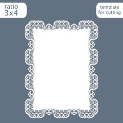 Laser cut wedding invitation card template with openwork border.  Cut out the paper card with lace pattern.  Greeting card template for cutting plotter. Vector.