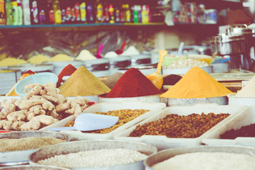 Selection of spices on a traditional Moroccan market (souk) in Marrakech, Morocco