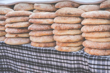 Typical traditional Moroccan bread on street food stall, Marrakesh, Morocco