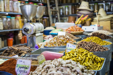 Fototapeta premium Selection of spices on a traditional Moroccan market (souk) in Marrakech, Morocco