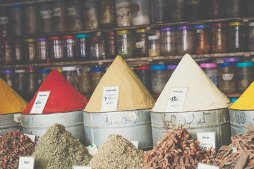 Selection of spices on a traditional Moroccan market (souk) in Marrakech, Morocco