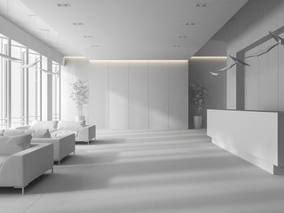 White Interior of a hotel spa reception 3D illustration