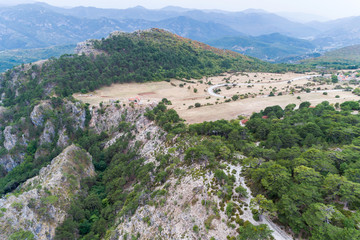 Aerial view of the plateau in the mountains of Bosnia and Herzegovina, the village of Klobuk. 