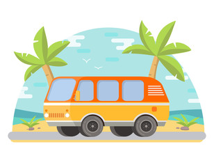 Tropical landscape palm trees on the seashore the sandy beach.Road a trip a travel to van.In flat style a vector.Tour bus.Summer trip mobile accommodation to a holiday on a vintage retro motor home.