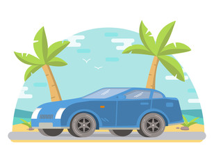 Sports car coupe against the background of a tropical landscape with palm trees and the sandy beach on the seashore. A road trip on the vehicle a summer holiday. In flat style a vector.