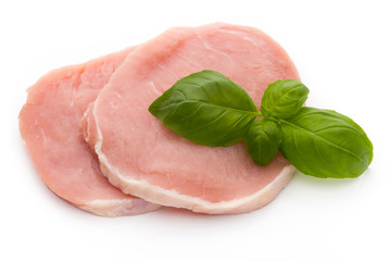 Fresh raw beef steak isolated on white background, top view.