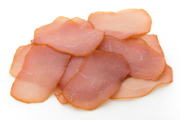 Sliced boiled ham sausage isolated on white background, top view.