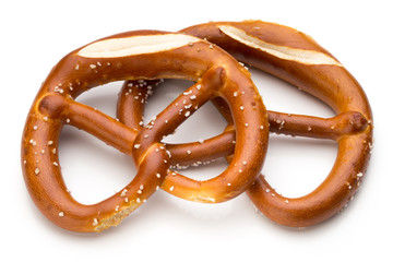 Pretzel isolated on white. Fresh fragrant brezel top view.