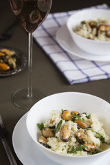 Risotto with mussels. Italian traditional food.