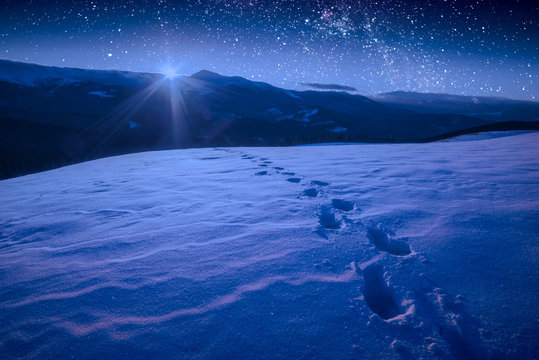 The track of footprints on a snow in a carpathian mountain valley